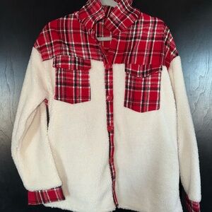 Red Plaid and Cream Sherpa Jacket